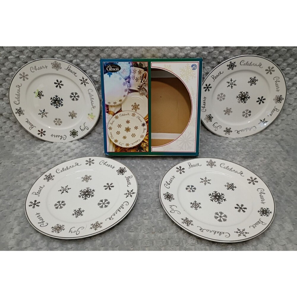 Set 4 Gibson Everyday Snowflakes Dinner Plates 10.5" Gold Colored Christmas